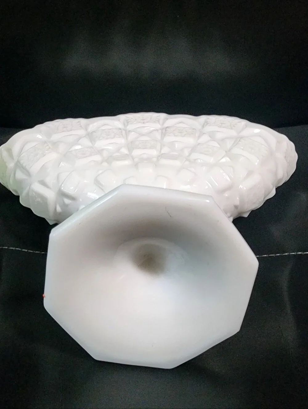 Vintage Westmoreland Milk Glass Pedestal Fan Vase Old Quilt Pattern